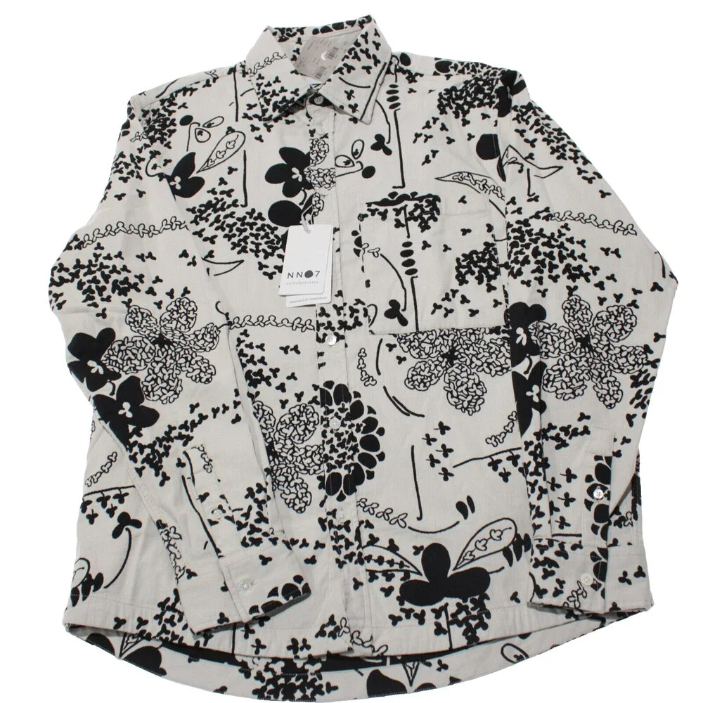 No Nationality NWT Hans Casual Button Down Shirt Size Medium in Ecru & Black